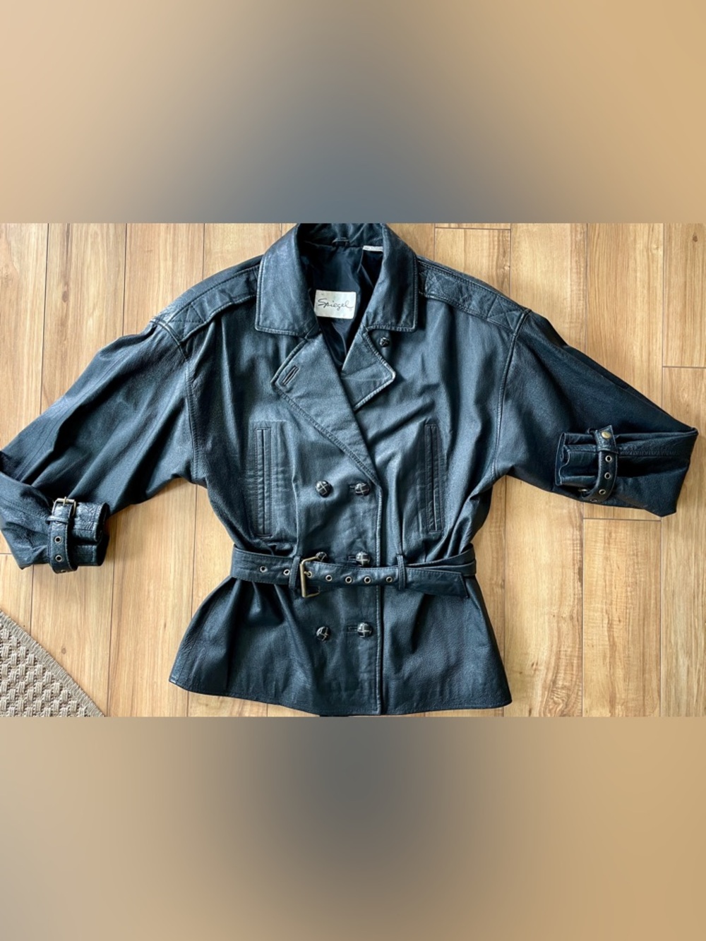 Vintage Spiegel Black Leather Jacket Belted Moto Style Size Small/Medium - Picture 4 of 12